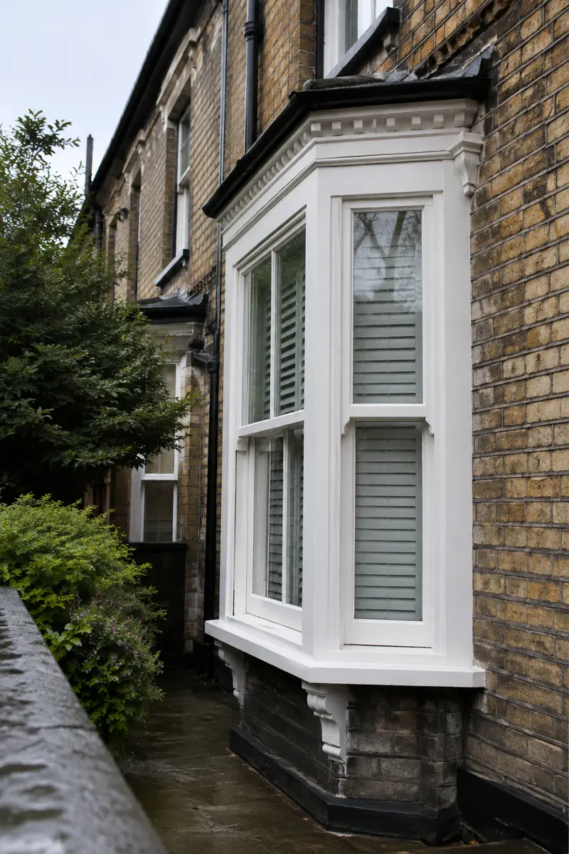 A white bay window on a red brick period terrace